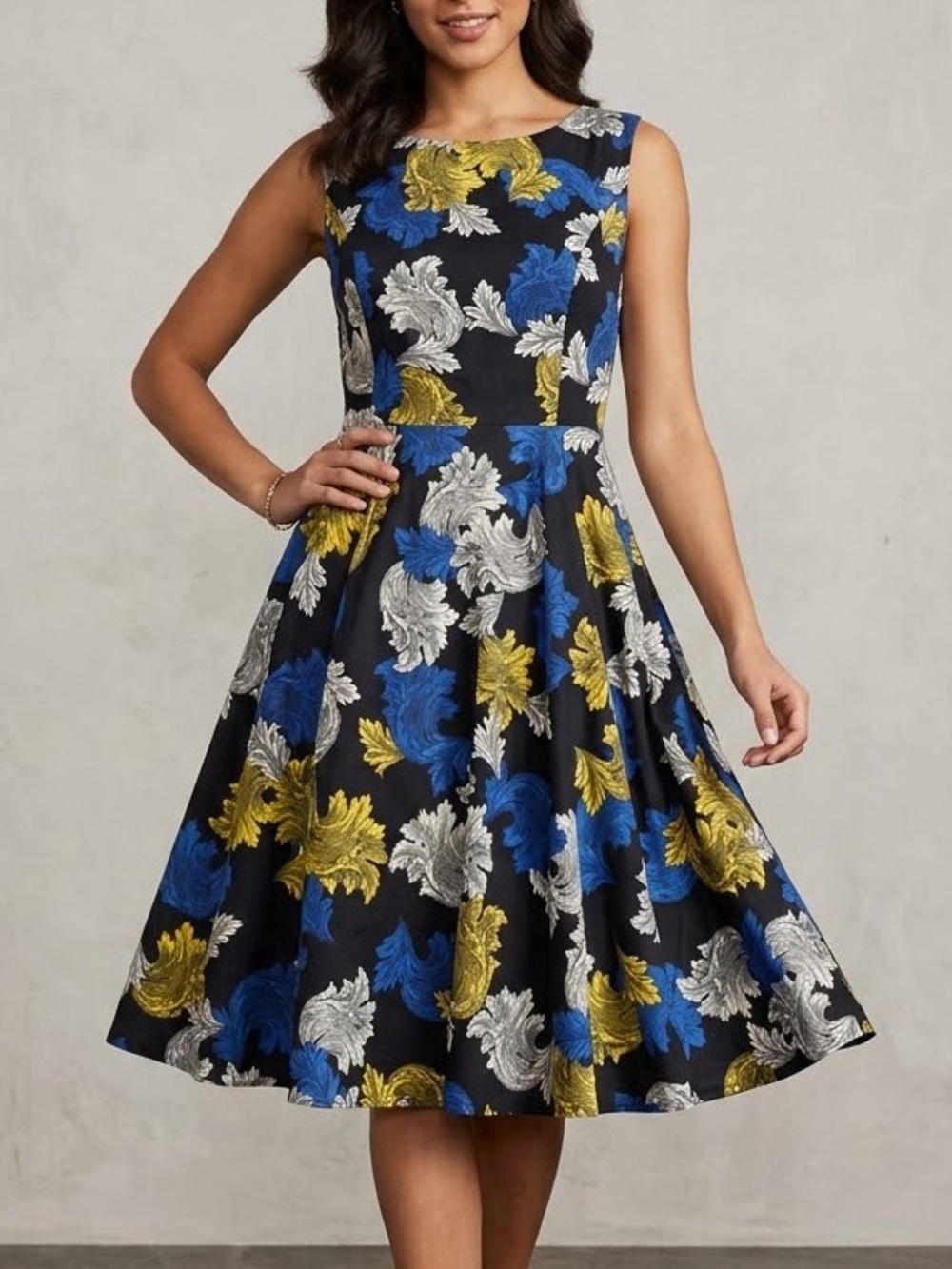 Sleeveless Black Midi Dress with Blue, Yellow and White Floral Motif